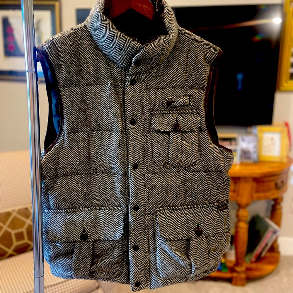 Vintage Polo Ralph Lauren vest. Quilted wool in black herringbone pattern.